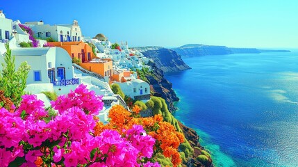 Obraz premium Santorini Greece Aegean Sea Cliffside Houses Vibrant Flowers