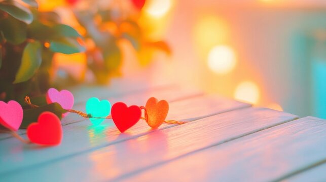 Heart-shaped lights in pink, red, and blue illuminate a wooden table, creating a cozy ambiance in the evening glow