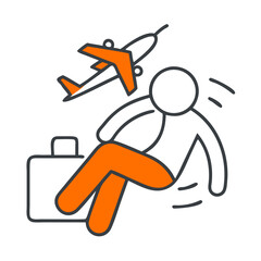 Obraz premium Tired traveler feeling exhausted with a suitcase and airplane overhead 