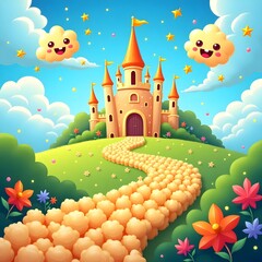 Bright illustration of popcorn against the backdrop of nature and castle.
