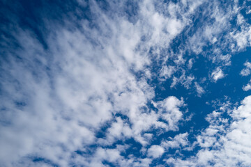 Obraz premium Light fluffy clouds floating. Blue sky with white cloud. Background of sky with clouds. Stunning sky with white clouds. Soft cloud drifting. Peaceful sky with sunlight glow.