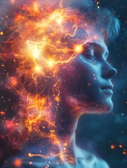 Artistic Depiction of Mind Merging with Digital Elements in a Colorful Abstract Background