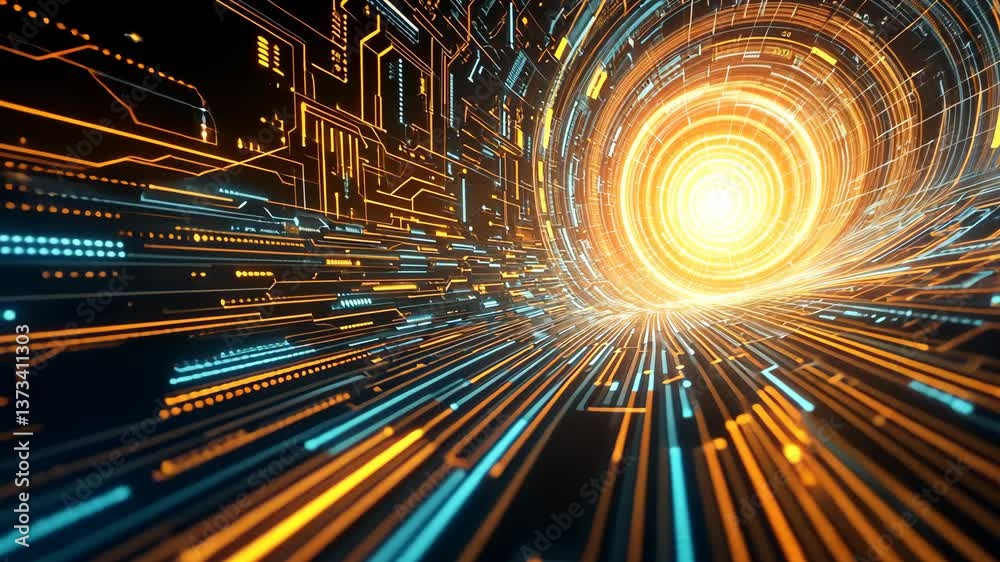 Poster futuristic warp speed digital tunnel with luminous tech elements and dynamic motion