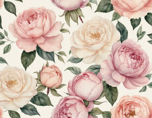 A delicate watercolor floral pattern featuring pastel roses and peonies, set against a soft cream background, evoking a romantic and vintage aesthetic