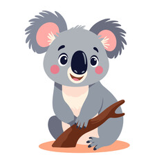 Obraz premium Cartoon koala holding branch and smiling on transparent background