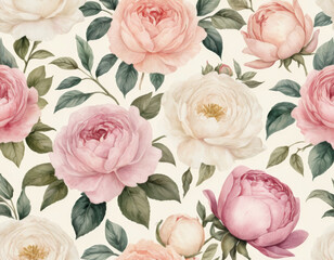 A delicate watercolor floral pattern featuring pastel roses and peonies, set against a soft cream background, evoking a romantic and vintage aesthetic
