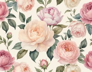 A delicate watercolor floral pattern featuring pastel roses and peonies, set against a soft cream background, evoking a romantic and vintage aesthetic