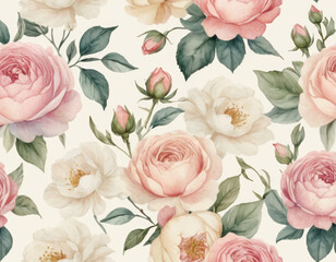 A delicate watercolor floral pattern featuring pastel roses and peonies, set against a soft cream background, evoking a romantic and vintage aesthetic