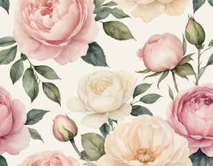 A delicate watercolor floral pattern featuring pastel roses and peonies, set against a soft cream background, evoking a romantic and vintage aesthetic