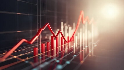 A futuristic financial bar graph with a glowing green upward arrow, representing stock market gains, revenue increase, and business success.