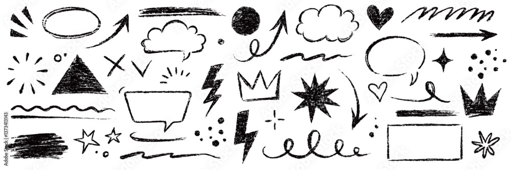 Aufkleber Arrow line hand drawn brush sketch element set. Grunge square, heart, arrow element scribble line brush hand drawn sketch design. Texture abstract chalk, crayon pencil style. Vector illustration