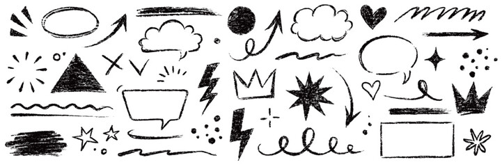 Arrow line hand drawn brush sketch element set. Grunge square, heart, arrow element scribble line brush hand drawn sketch design. Texture abstract chalk, crayon pencil style. Vector illustration