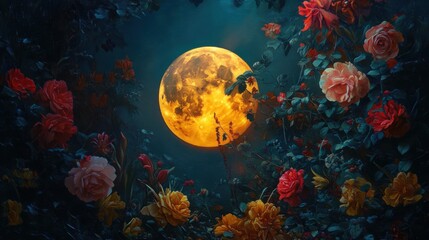 Fototapeta premium A vibrant, dreamlike scene featuring a large, luminous moon set against a rich, dark background, surrounded by an abundance of colorful roses and intricate foliage. The moon glows with a golden hue, c