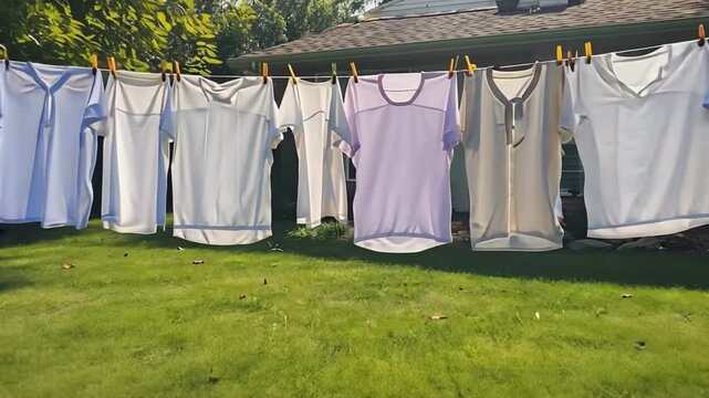 Sun-Kissed Laundry: A row of freshly washed garments dances in the sunlit breeze, suspended from a clothesline in a vivid display of domestic tranquility and a commitment to eco-friendly living.