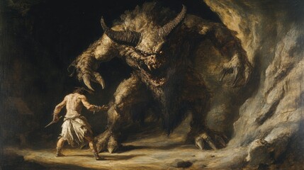 A fierce confrontation between a muscular hero and a monstrous creature in a dimly lit cave. The warrior, holding a dagger, stands defiantly before the towering, horned beast, which exhibits terrifyin