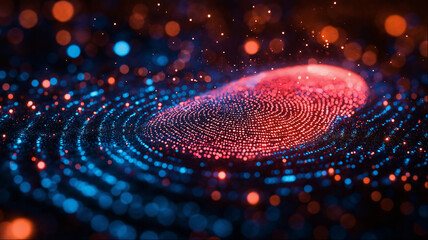 Digital fingerprint security scan with glowing red and blue technology visualization, biometric identification concept with particle effects