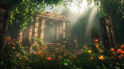Fototapeta premium A mystical ancient temple ruins surrounded by lush greenery and vibrant wildflowers, illuminated by soft rays of sunlight filtering through the dense foliage. The stone structure is adorned with intri