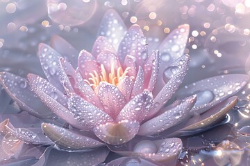 Fototapeta premium Serene pink water lily adorned with morning dew in soft lighting