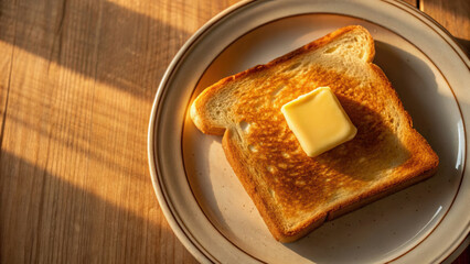 Deli morning meal or breakfast. Golden toast with melting butter on plate, bathed in warm sunlight for cozy morning vibe.