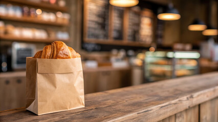 Deli morning meal or breakfast. fresh croissant in brown paper bag on wooden counter with blurred bakery interior.