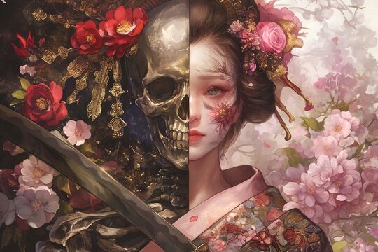 Half skeleton and half woman surrounded by vibrant flowers in unique contrast