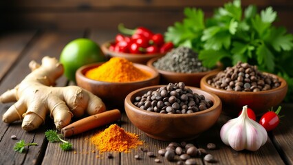 Fototapeta premium Various Spices And Herbs On Wood Table