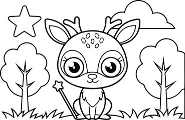 Deer with Magic Wand Star Cloud and Trees Outline Style on Transparent Background