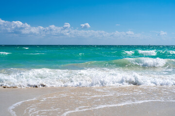 Sea waves, summer background. Stormy sea waves. Summer sea beach wave. Foamy sea beach waves. Summer ocean breeze. Dreamy summer beach background. Ocean blue waves.