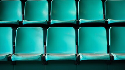 A row of empty teal chairs in formation.