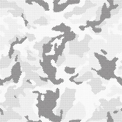 Abstract halftone seamless camouflage pattern. Repeating digital dotted hexagonal camo military texture background. Abstract modern fabric textile ornament. Vector illustration.