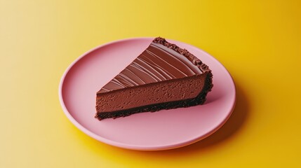 Decadent dark chocolate cake sits on a pink plate against a sunny yellow backdrop. A sweet, tempting treat!