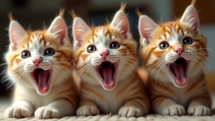 Three Orange Kittens With Open Mouths