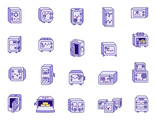 Set of adorable cartoon safes with smiling and sleeping expressions created as secure lockable boxes for storing valuables with protection and safety in mind, for yours creative designs projects