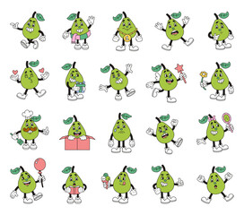 Pear character set showing different emotions and activities like cooking, reading, holding gifts, thinking, and celebrating magical and romantic moments in adorable cartoon style