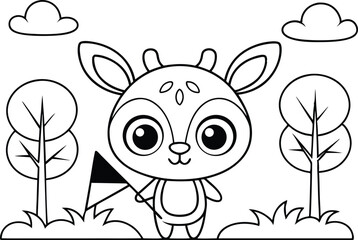 Line art cartoon deer holding a flag with trees and cloud elements design