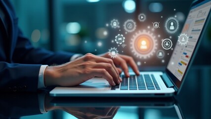 Hands Typing On Laptop With Network