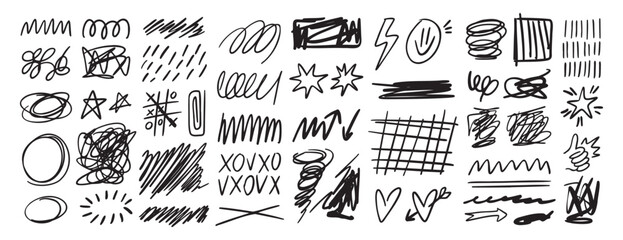 Scribble doodle hand drawn messy ink strokes set. Freehand lines and shapes. Hand drawn pencil curves and black marker swirl, pen sketch © Yanka