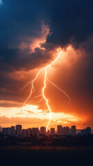 Naklejka premium Lightning bolt striking over city skyline at sunset