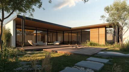 Fototapeta premium Modern house with large windows, wooden deck, and landscaped garden.