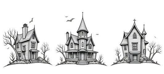 Fototapeta premium Three detailed illustrations of vintage houses surrounded by bare trees and flying bats with clipping path,isolated, absolutely white background background