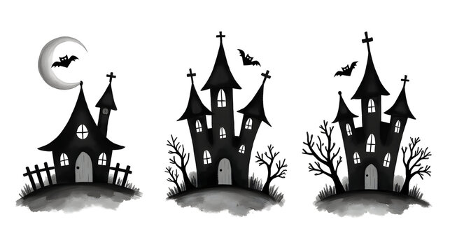 Haunted house illustrations with bats and a crescent moon in a spooky black-and-white style with clipping path,isolated, absolutely white background background