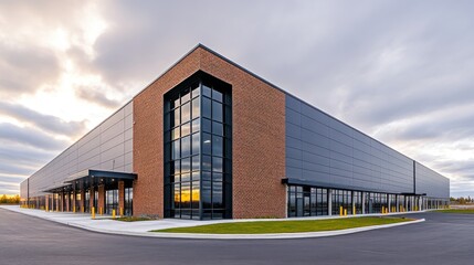 Modern industrial building at sunset, showcasing brick and metal facade, large windows, and ample parking.