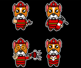 Cute Dog Firefighter Character Collection: Adorable Canine Heroes in Action, Perfect for Children's Designs and Emergency Services Themes, Vector Illustration.