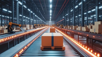 Robotic Warehouse with Conveyors and Packages in a Giant Space
