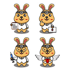 Cute Rabbit Doctor Character Collection: Adorable Bunny in Medical Attire, Perfect for Children's Health Education and Medical Designs, Vector Illustration.