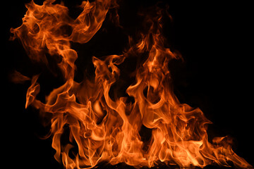 Fire blaze flames on black background. Fire burn flame isolated, abstract texture. Flaming explosion effect with burning fire.