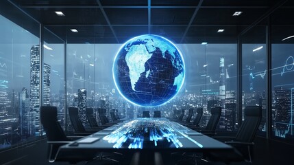 Hologram of Earth Spinning in Modern Office with City View at Night