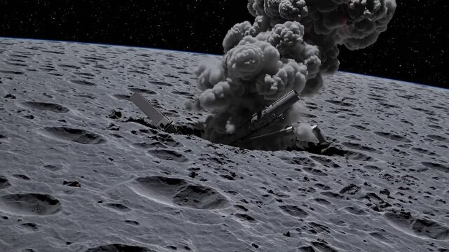 Lunar impact explosion and aftermath: rocket crash and dust cloud on moon surface