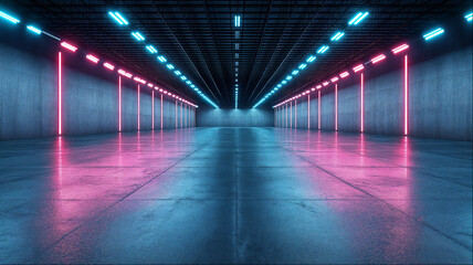 Futuristic corridor with glowing red neon lighting elements creating symmetrical perspective, reflective floor with cyberpunk installation design