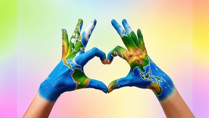 Two hands come together to form a heart, featuring colorful and detailed map paintings. This artistic expression represents love for the Earth, showcasing creativity and connection.